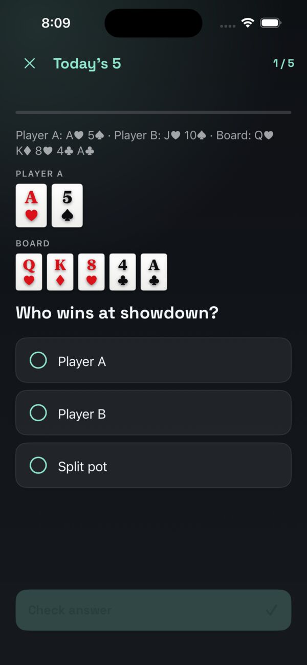 Today's 5, question 1 of 5: two hands and a board shown as cards, asking who wins at showdown