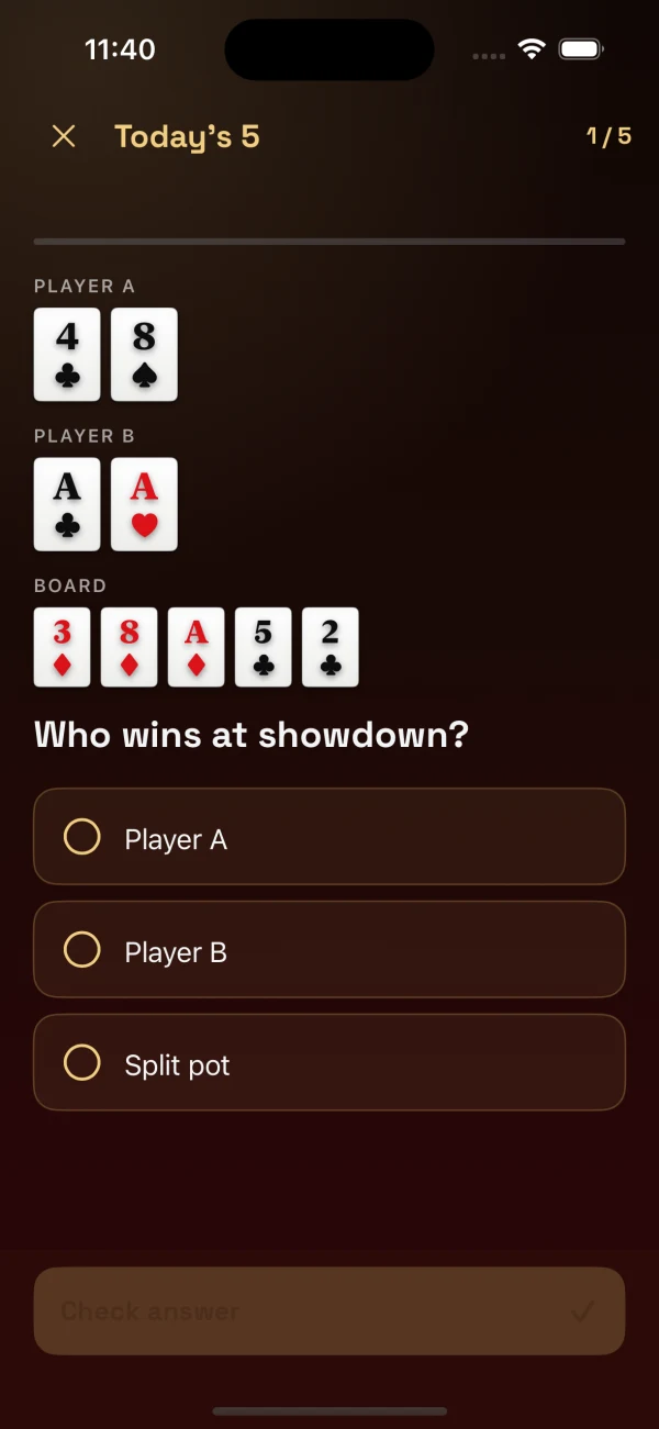 Poker Inn Academy: a daily question asks which hand wins at showdown