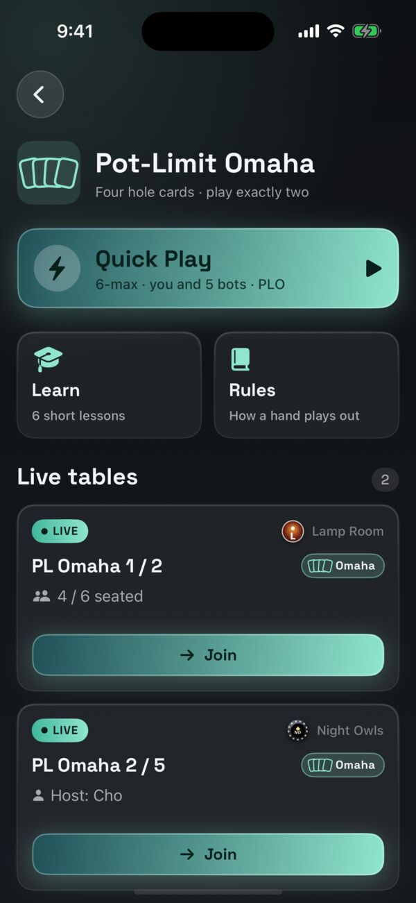 The Pot-Limit Omaha page: four hole cards, play exactly two; a Quick Play button against 5 bots; Learn and Rules cards; and two live PL Omaha tables with Join buttons