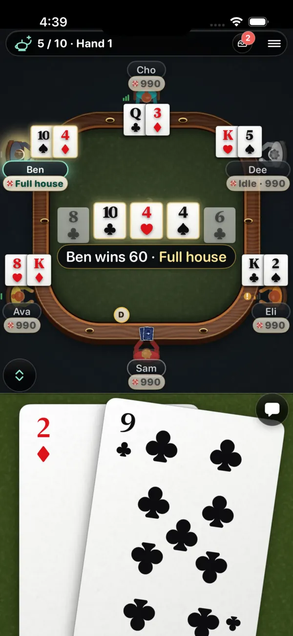 An actual Poker Inn app table at showdown, with shared cards, players and a winning full house
